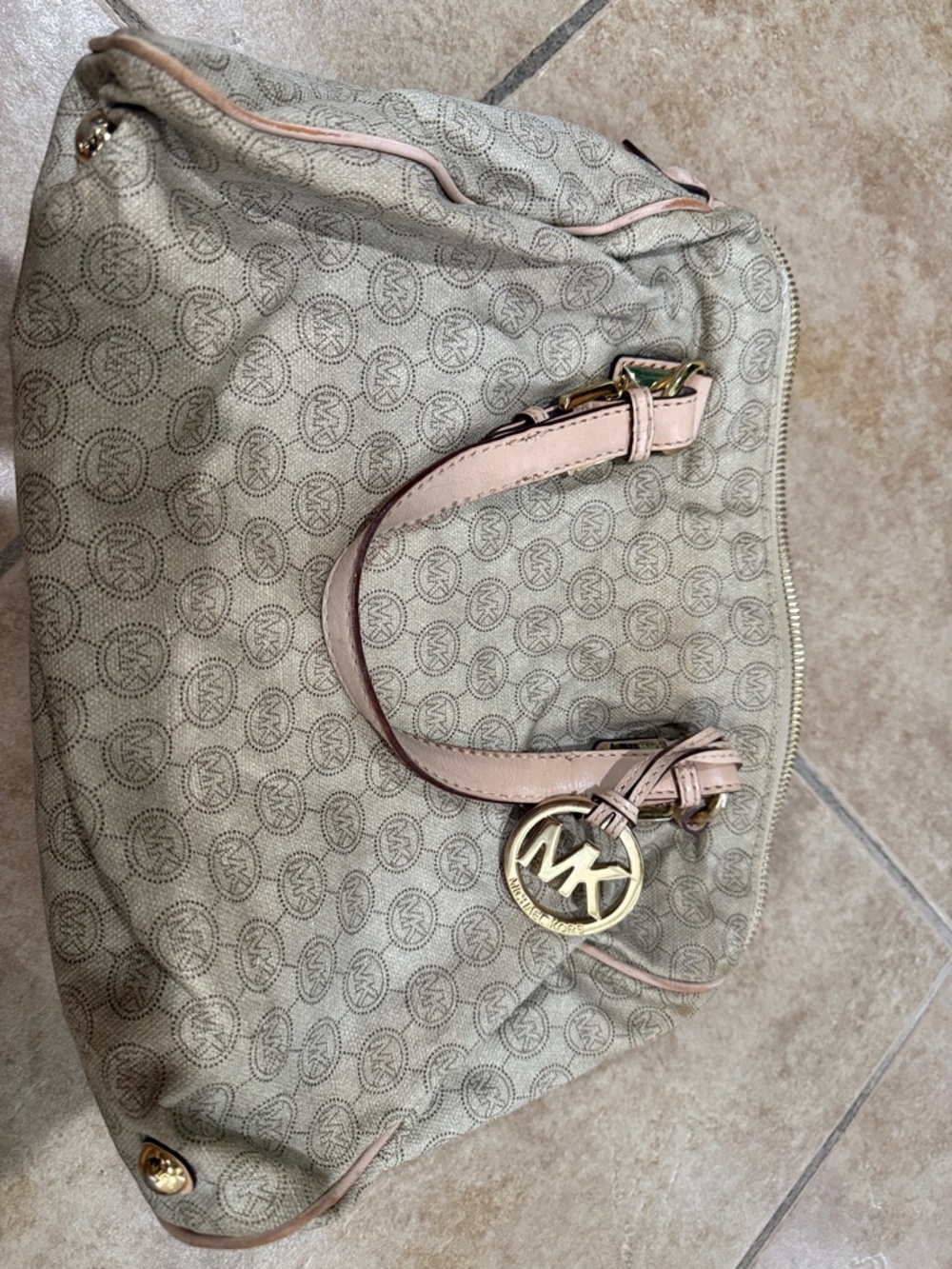 Michael Kors Beige Logo Shoulder Bag with Pink Trim and Gold MK Charm